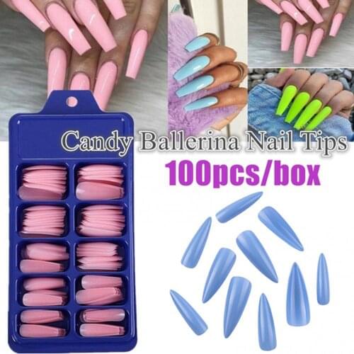 100Pcs/Set Full Cover Fake Nails Art Tools Matte Press Full-paste Pointed Fake Nail Solid Color Manicure Sticker Accessories