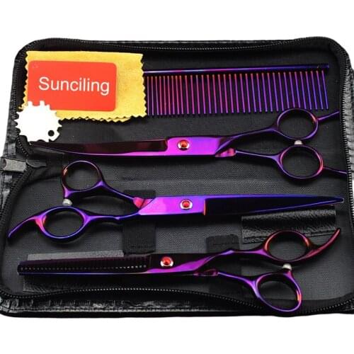 7 Inch Electroplate Purple Comb Double Curved Thinning Cutting Scissors Pet Grooming Set