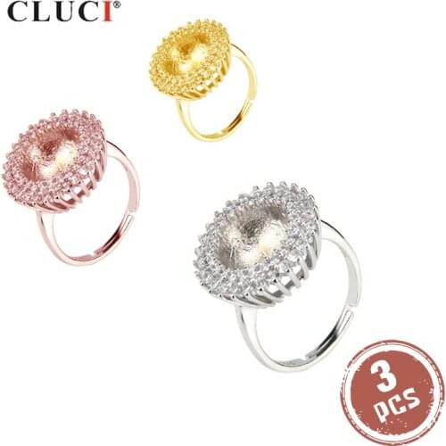 CLUCI 3pcs Silver 925 Sunflower Shaped Zircon Ring for Anniversary 925 Sterling Silver Adjustable Ring Setting Jewelry SR2042SB