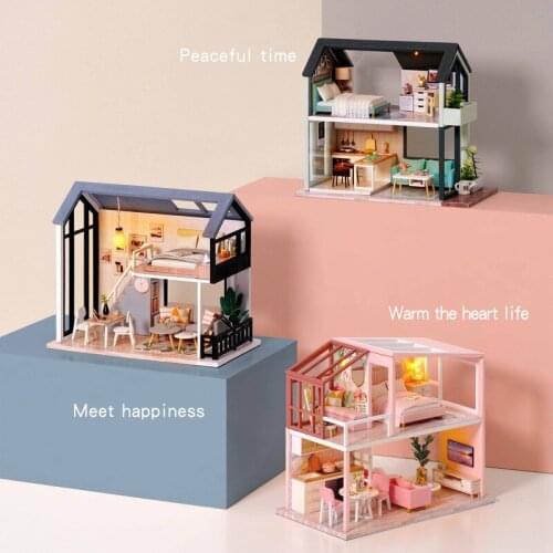 DIY Assemble Wooden Doll House Miniature Dollhouse With Furniture Light The Nordic Apartment Kids Puzzle Toys QL001/QL002/QL003