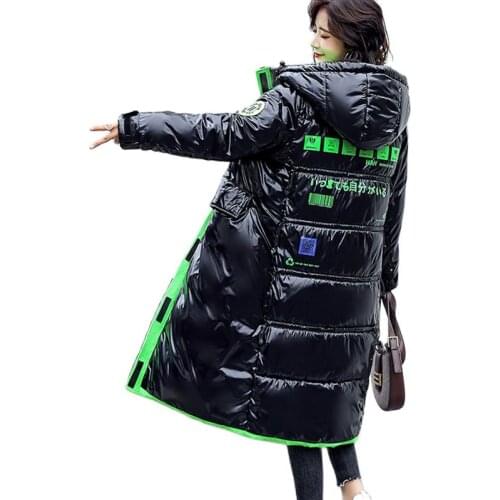 X-long Printing Parkas Female Winter 2021 Hooded Thick Puffer Jacket Women Korean Style Cotton Padded Shiny Glossy Coat Ladies