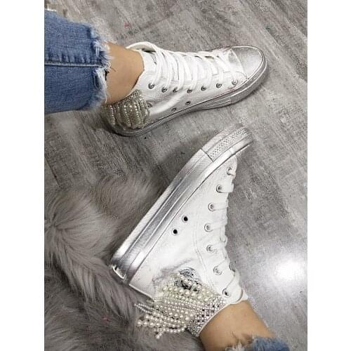 New heavy industry rhinestone beaded tassel luxury high-top canvas shoes fashionable metal casual shoes