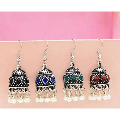 Indian Earrings for Women Oxidized Jhumka Rhinestone Tassel Pearl Drop Earring Afghan Egypt Gypsy Turk Ethnic Jewelry
