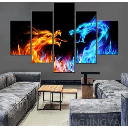 Animal Wall Art for Living Room Abstract Blue and Red Pictures Fiery Dragons Paintings 5 Piece Canvas Artwork Norse Home Rustic