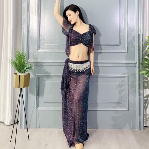 New Women Sexy Fashion Bellydance Oriental Costumes Set Top Skirts Split Practice Clothes Top Skirt Professional Belly Dance