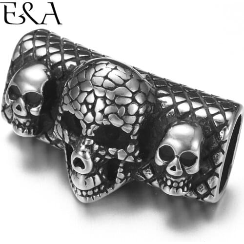 Stainless Steel Punk Three Skull Slider Beads 12*6mm Hole Slide Charms for Mens Leather Bracelet Jewelry Making DIY Accessories