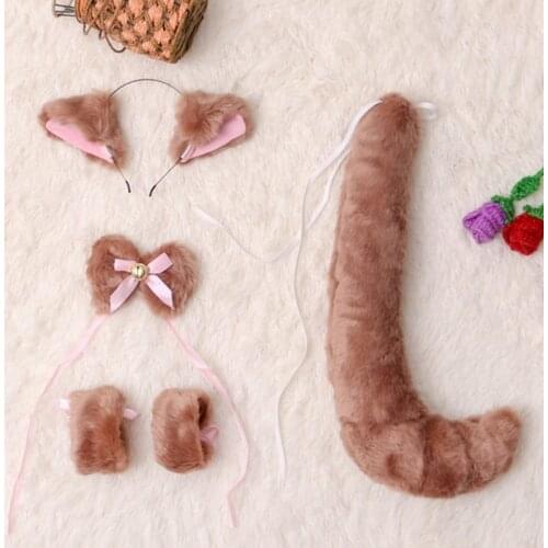 5 Pieces Cat Ear Plush Headhoop Soft Tail Costume Accessory Set for Easters Theme Party Accessories for Kids Adults