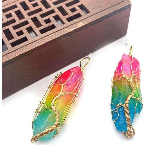 Natural Stone Crystal Irregular Shape Pendant Tree of Life Hand-wound Color Gradient Jewelry Accessories Making Necklace Pendant