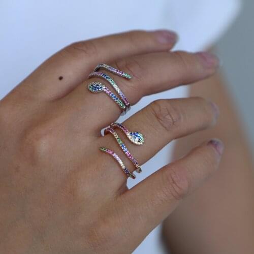 Top quality rainbow colorful cubic zirconia multi color ring women full finger snake shaped tiny delicate ring fashion jewelry