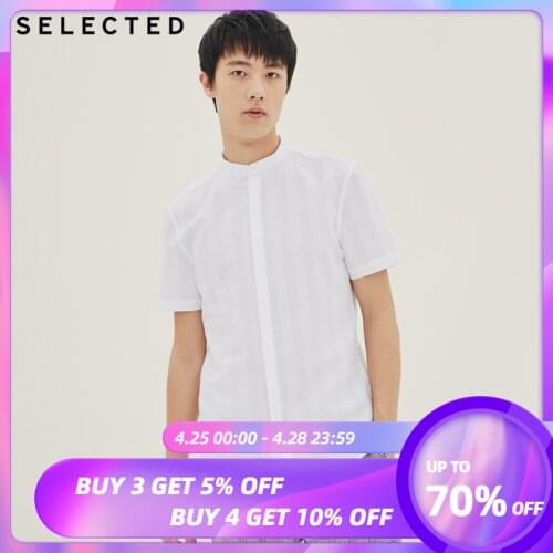 SELECTED Mens Summer Cotton & Linen Stripes Stand-up Collar Short-sleeved Shirt S|420204521