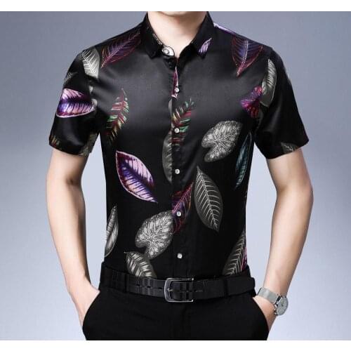 New Arrival Mens Floral Printing Silk Shirt Summer Male Fashion Printing Satin Silk Clothes Casual Short Sleeve Dress Shirts