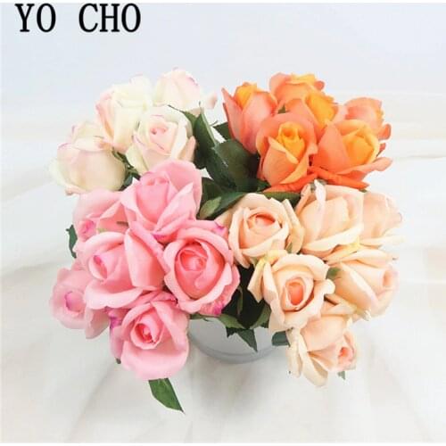 YO CHO Mini Bouquet for Bridesmaids Wedding Artificial Flower Real Touch Silk Rose Bouquet 6 Heads Fake Flower Home Party Decor