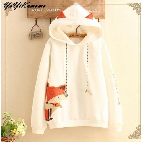 YoYiKamomo Women Hoodies Fleece Cute Fox Embroidery Winter Autumn Women Pullovers Japanese Mori Girl 2018 New Hooded Coat