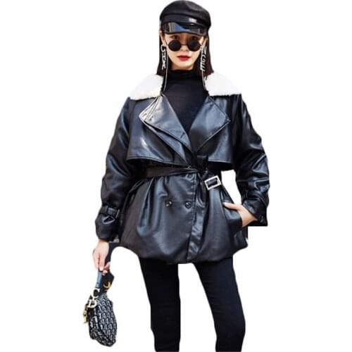 PU Leather Jacket Women Suede Coat 2019Winter Long Sleeve Faux Leather Coat Motorcycle Fur Jacket Ladies Warm Cotton Jacket 1743