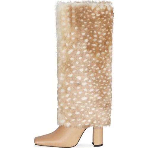 Womens Leopard Fur Tube Square Toe Knee Thigh Boots Block High Heel Shoes Warm Winter Snow Thick 3Colors Plus Size