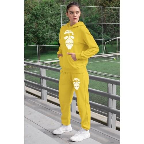 Angemiel Wear Glasses Vicinity Monkey Women 'S Tracksuit Set Yellow Hooded Sweatshirt Yellow Sweatpants