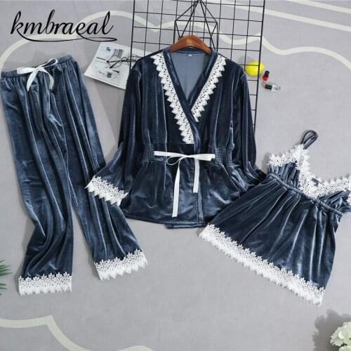 Velour Woman Home Wear Pajamas 3PC Strap Top Pants Suit Sets Nightdress Nightgown Sexy Kimono Sleep Robe Bath Gown Sleepwea
