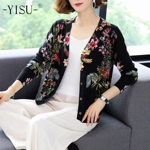 YISU Women Casual soft Cardigan Autumn Winter Knit Top Soft Sweater Coat Long sleeve V-neck Floral print knitted cardigan Women
