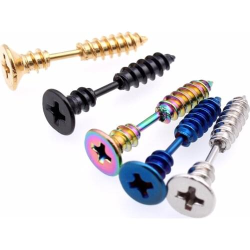 1Pair Punk Fashion Gold Silver Black Color Stainless Nail Screw Stud Earring for Women & Men Helix Ear Piercings Fashion Jewelry