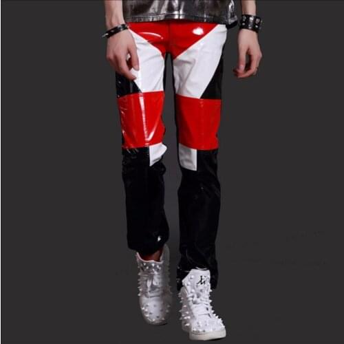 27-38 New Men Punk Trousers Dj Leather Pants Tidal Current Patchwork Color Blocks Singer Ds Pants Costumes