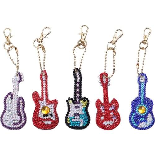 5PCS DIY Guitar Design Diamond Painting Pendant Full Drill Keychain Charm Bag for Art Craft Key Ring Phone Decor Gift Disney
