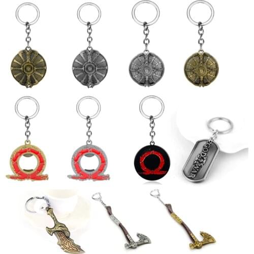 God of War 4 Kratos Key Chains Axe ax Keychain Bottle Opener Carved pattern Round Metal Keyring Key Holder Trinket Souvenir