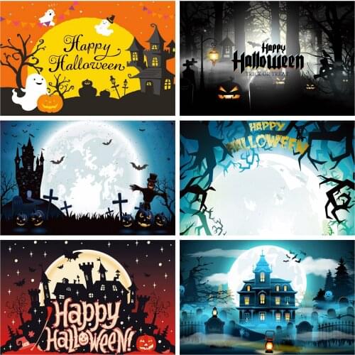 Laeacco Happy Halloween Party Photophone Trees Moon Castle Ghost Pumpkin Light Photo Backgrounds Baby Portrait Photozone Props