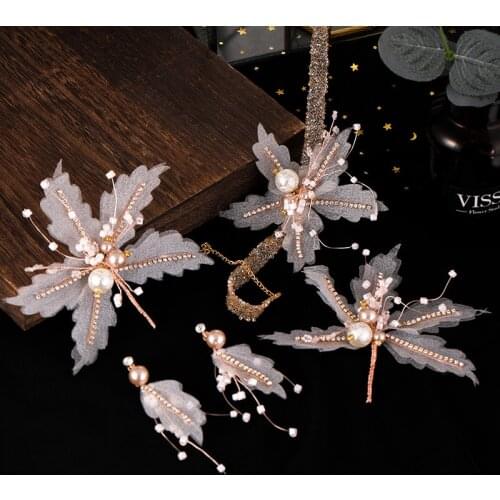 Head Ornament With Earrings Set Bride Korean Pearl Spun Flowers Wedding Dress Accessories Woven Crystal Hairpin A66
