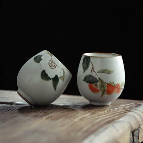 Ceramic Retro Ice Cracked Glaze Teacup Hand Painted Flower and Bird Pattern Tea Cup Office Porcelain Kung Fu Coffee Water Mug