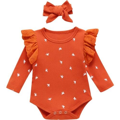 2Pcs Baby Girls Ribbed Print Lace Bodysuits Long Sleeve O Neck Jumpsuits Headband Infant Toddler Autumn Spring Bodysuits 3-24M