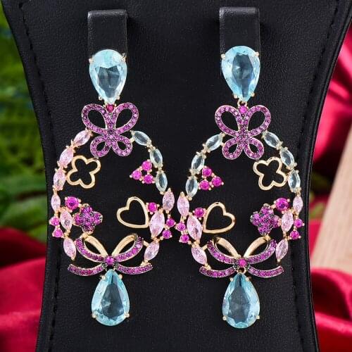 Missvikki Luxury Brazilian Rose Flower Dangle Earrings For Women Wedding Engagement Party Trendy Cubic Zircon Dubai Bridal