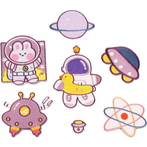 Cartoon Astronaut Alien Patches for Clothing Embroidered Appliques Iron on Astronaut Badges Stripes Planets Stickers on Clothes
