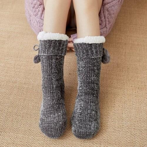 Winter Thick Warm Knitted Indoor Floor Socks Women Casual Non-slip Socks Pure Color Home Soft Warm Thickened Plus Velvet Socks