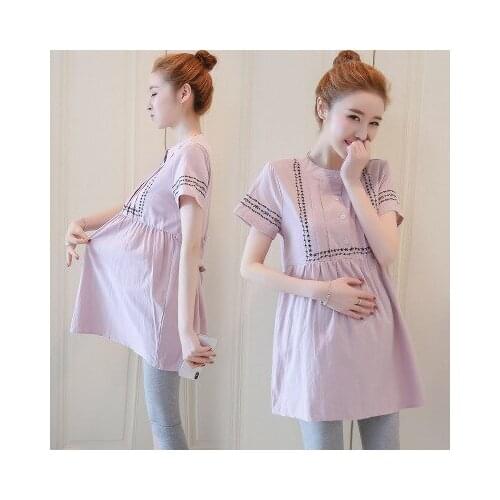 New Summer Dress Short Sleeve Round Neck Maternity Dress Embroidery Summer Top Small Fresh Pregnancy Dress