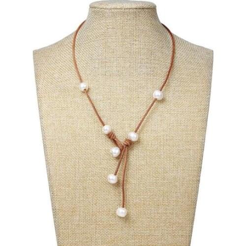 White Color AA Genuine Freshwater Pearl Necklace Natural Pearl Real Leather Necklace ,Fashion Ladys Wedding Bridesmaid Gift