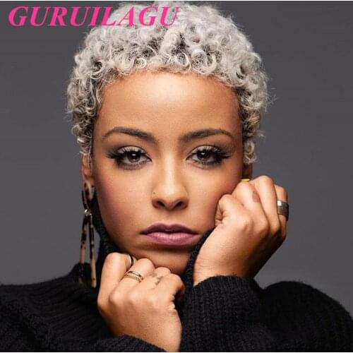 GURUILAGU Short Kinky Curly Wig Pixie Cut Wigs For Black Women Ombre Color Black Blonde Wigs Women Synthetic Hair Cosplay Wig