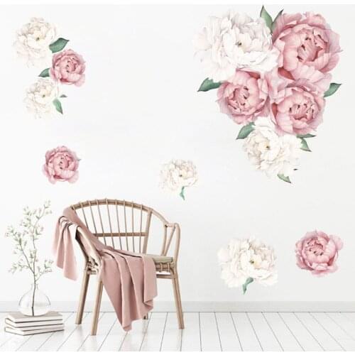 Pink Peony Flower Wall Sticker Girl Women Bedroom Background Door Living Room Bedroom Festival Decoration Decals Removable Pvc