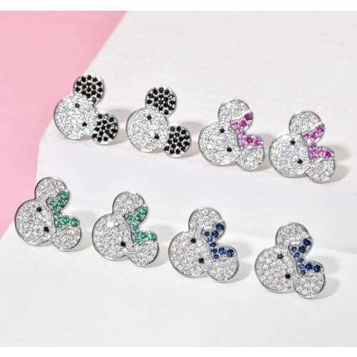 Cartoon mouse ear studs, copper inlaid zircon earrings, various colors, fashionable trendy womens jewelry ER-473