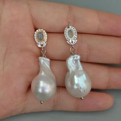 YYGEM Natural Freshwater Cultured Nucleated Flameball Baroque Pearl Natural Opal Stud Dangle Earrings