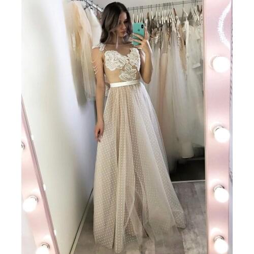 Champagne Polka-Dot Wedding Dress A-Line O-Neck Lace Appliques Beads Sashes Button Floor Length Bride Gown Vestidos De Noiva