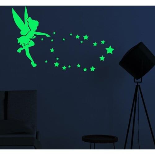 Luminous Tinkerbell Fairy Wall Mirror Fluorescence Acrylic Mirrored 3D Angel Decor Tinker Bell Wall Sticker Kids Room Decoration