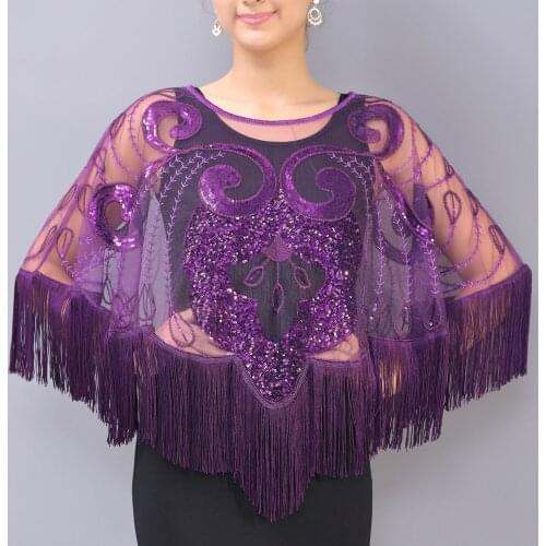 Vintage Sequin Tassel Evening Cape 1920s Flapper Party Fringed Shawl Wraps Embroidery Pullover Wedding Bridal Shawl Scarf