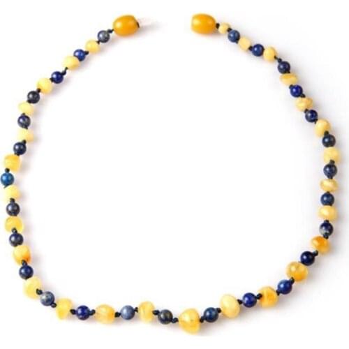 Amber - Lapis Lazuli Natural Stone Baby Teeth Necklace Gemstone Gift Box Chakra Healing Stone