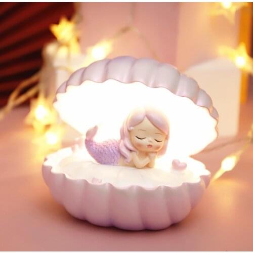 Pearl Mermaid Star Lamp Girls Dream Shell Lamp Fairy Decorated Nightlight Birthday Present Resin Ornament Girls Gift Led Night