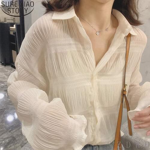 Spring Summer Thin Sunscreen Cardigan Shirts Women Lantern Long Sleeve Chiffon Blouse Tops OuterWear White Clothing Blusas 10348