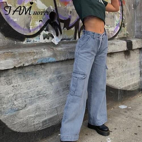IAMHOTTY Big Pockets Patchwrok Wide Leg Womens jeans High Waist Baggy Button Pants Female Vintage Punk Style Streetwear Clothes