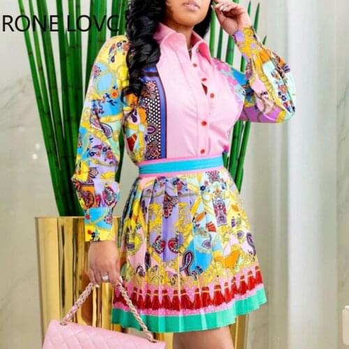 Women Chic Court printing button Pleated Street Style Dresses Sets
