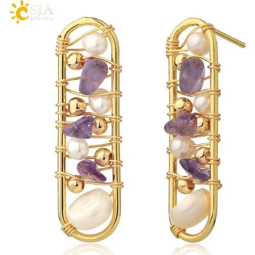 CSJA Rectangle Stud Earrings Natural Pearl Crystal Gravel Gold Color Wire Wrap Handmade Charm Jewelry for Women New Arrival G530