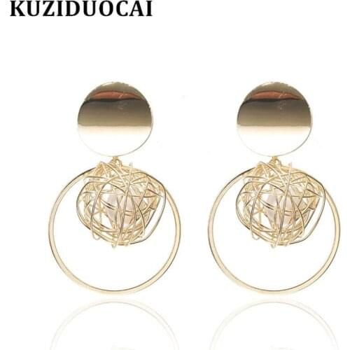 Kuziduocai New Fashion Jewelry Punk Bohe Pearl Mesh Shape Round Circle Statement Drop Earrings For Women Brincos Pendientes 1953