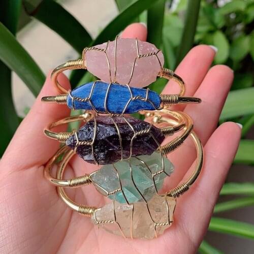 Natural Stone Bangle Wire Wrapped Cuff Irregular Rock Blue Quartz Amethysts Fluorite Pink Crystal Bracelets Women Reiki Healing